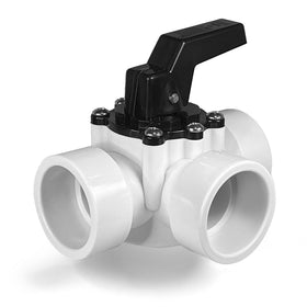 FibroPool 3-way diverter valve in white with adjustable handle for precise flow control in pools and spas.