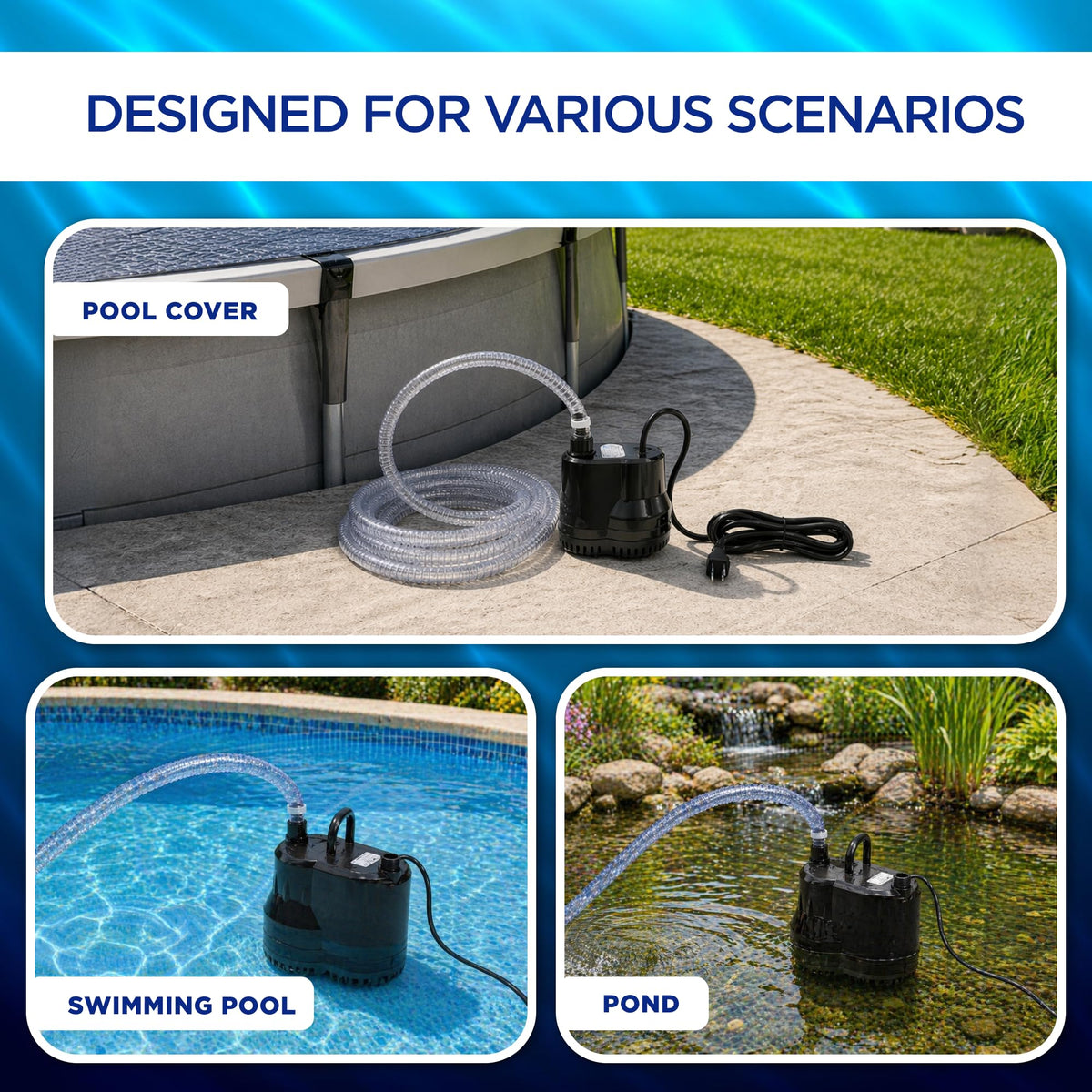 FibroPool 75W pump with included hose kit for easy drainage