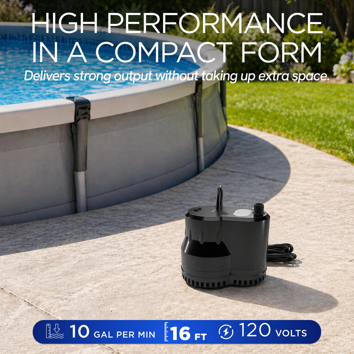 FibroPool 75W submersible pump on pool cover during drainage