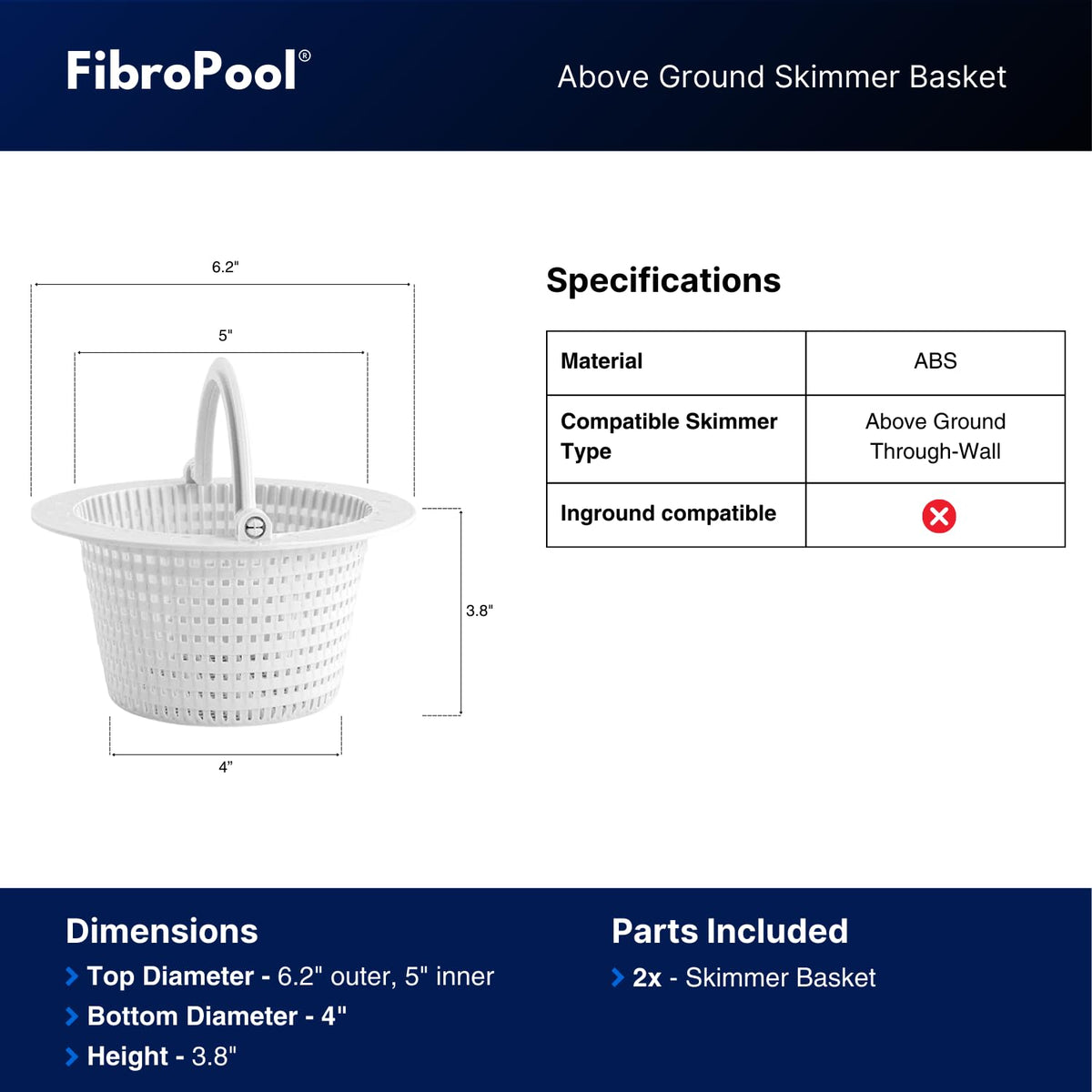 FibroPool two-pack skimmer basket, pivot-handle view, handles lifting with less mess.