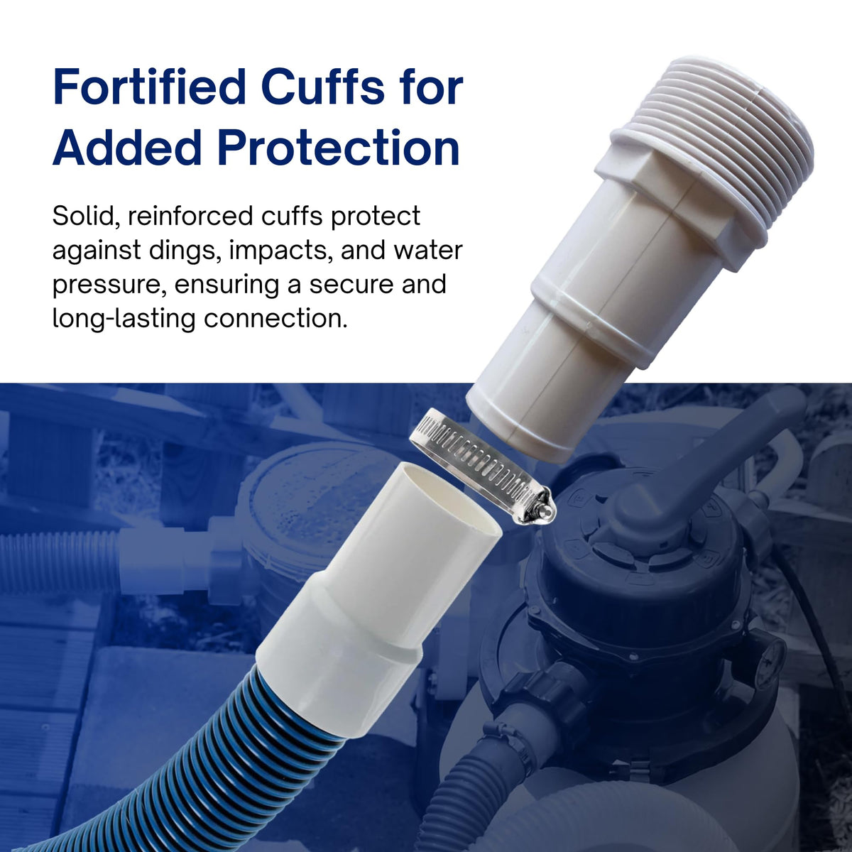 FibroPool adapters simplify 1.5 in hose connections for quick setup.