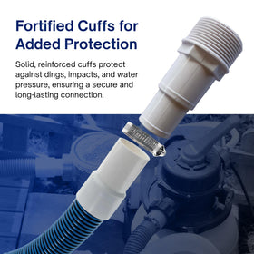 FibroPool adapters simplify 1.5 in hose connections for quick setup.