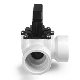 FibroPool 3-way valve shown installed with locking handle for stable flow direction control.