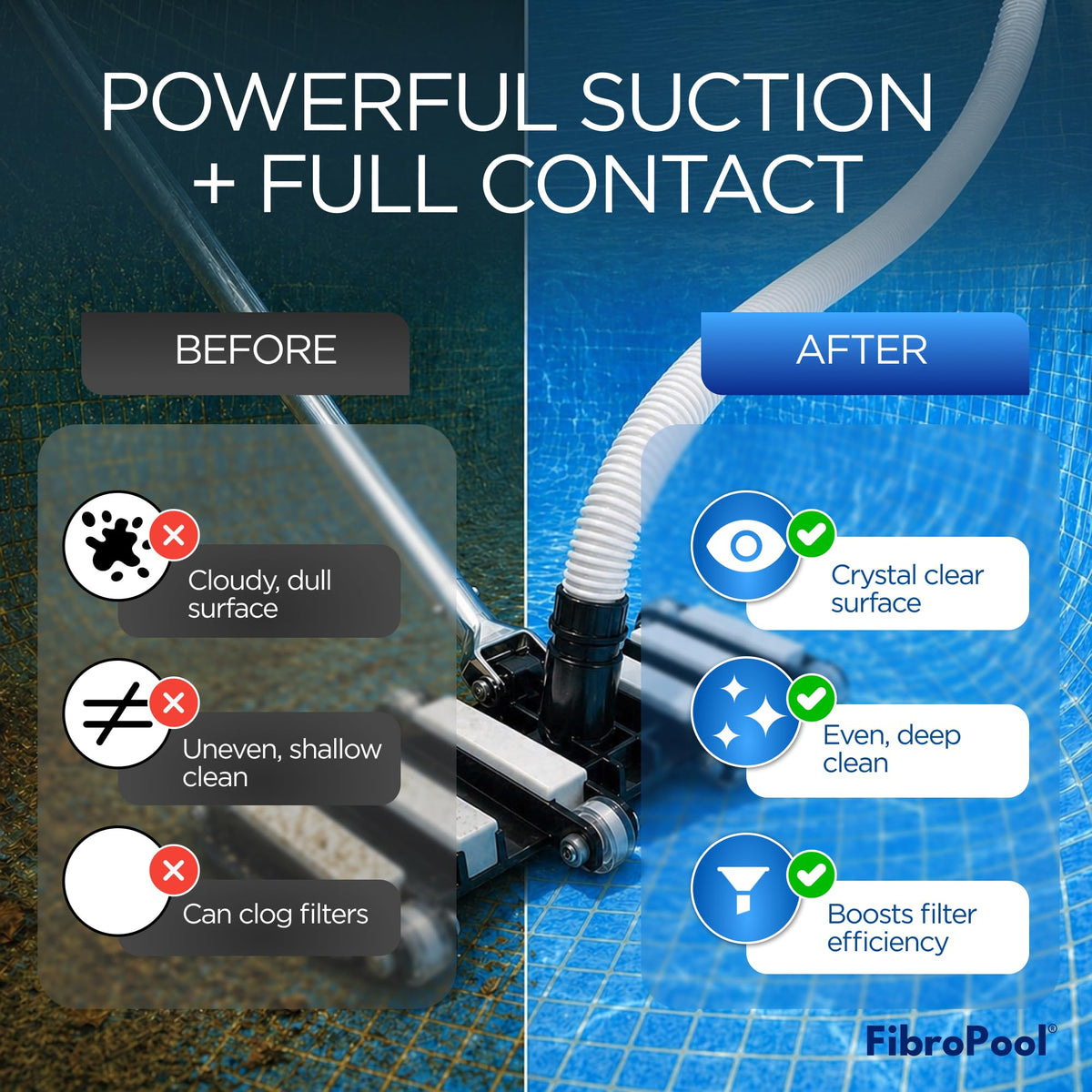 FibroPool vacuum head features a chrome-plated handle resistant to corrosion.