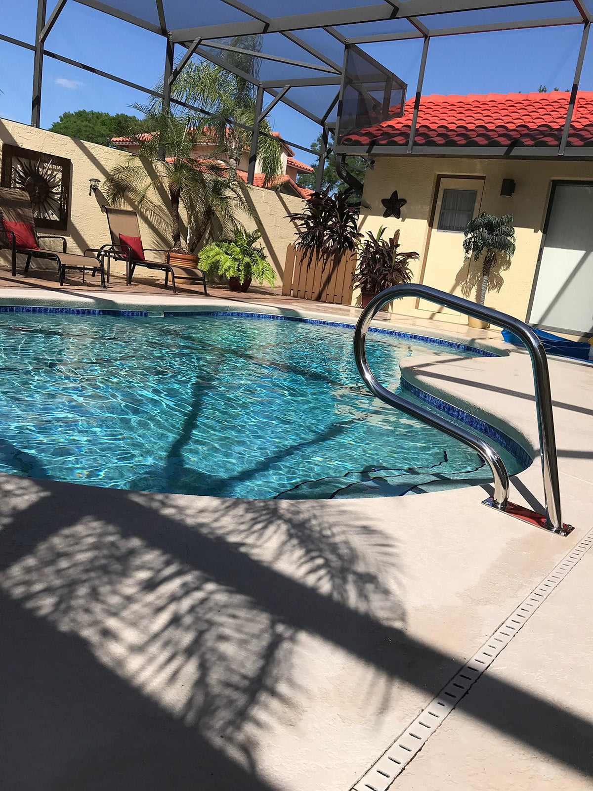 FibroPool stainless steel finish emphasizes corrosion resistance for outdoor pools.