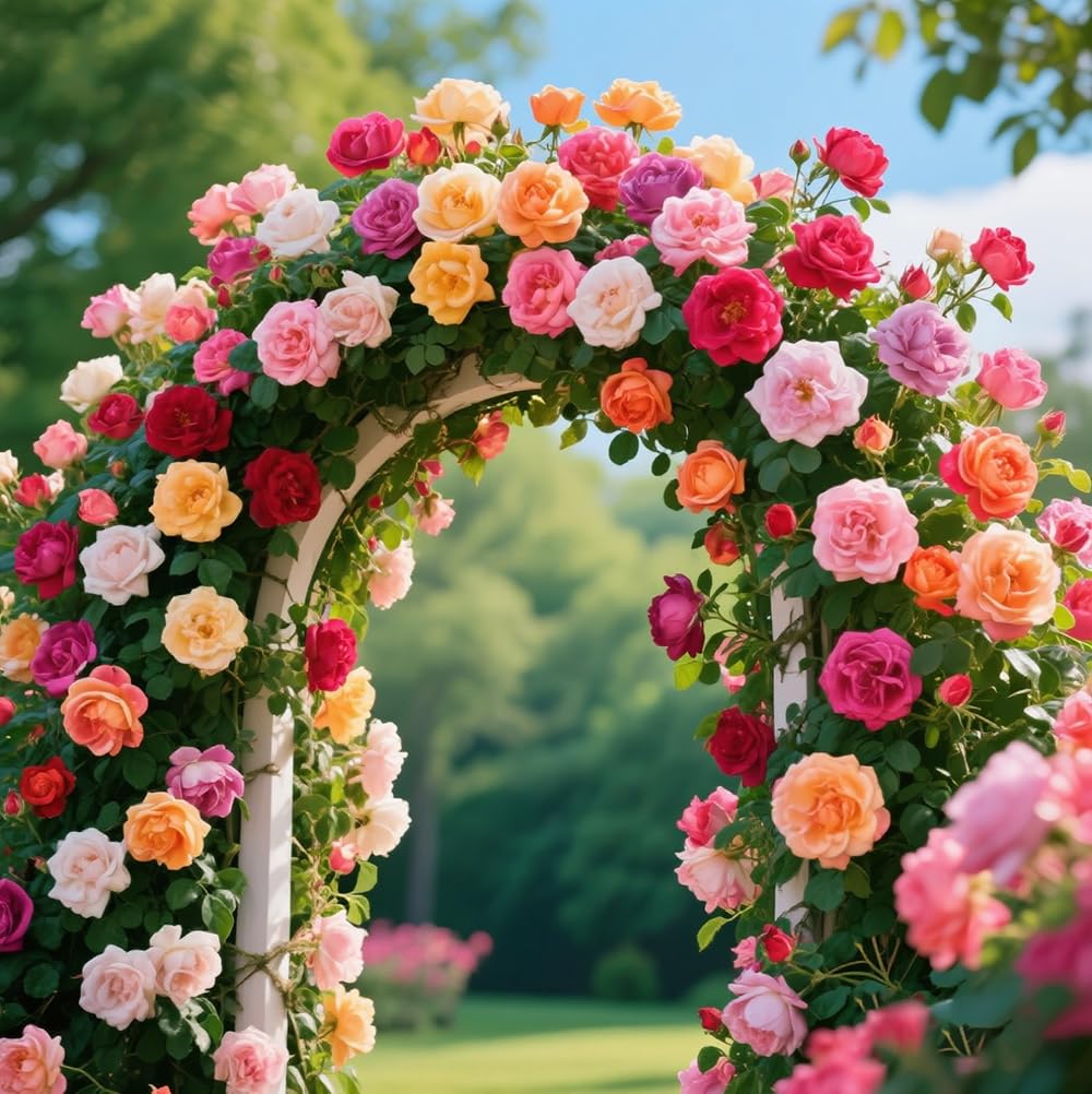 Ficoszo mixed climbing rose colors seeds set with red, pink, blue, yellow, white blooms.