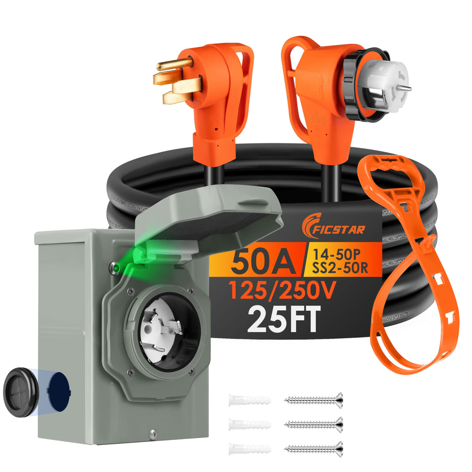 Ficstar 25ft 50A generator cord with NEMA 14-50P for outdoor power flexibility.