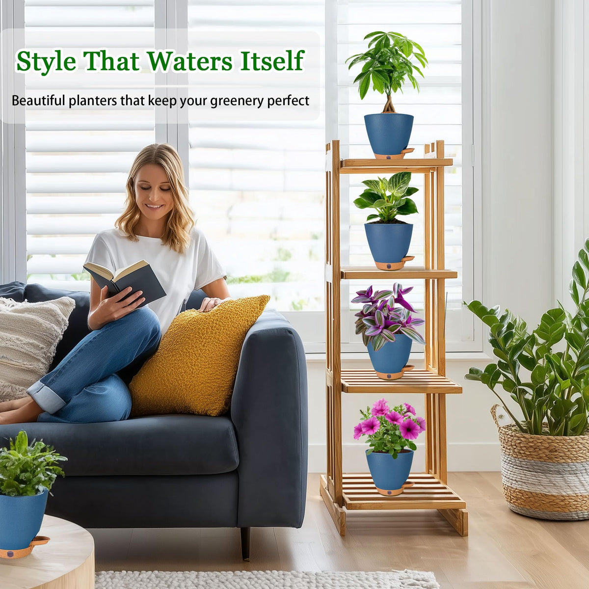 Fielda navy blue pot showing drainage holes for healthy root airflow and mess-free use.