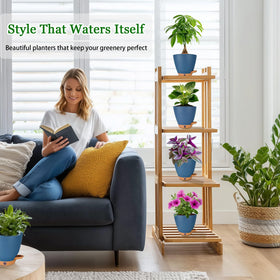 Fielda navy blue pot showing drainage holes for healthy root airflow and mess-free use.