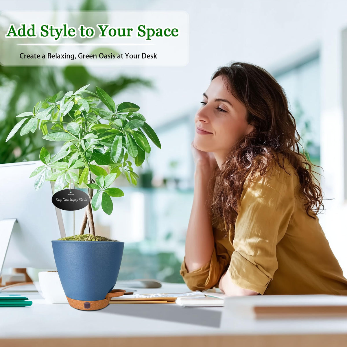 Fielda self-watering planter in navy suits indoor or outdoor spaces.