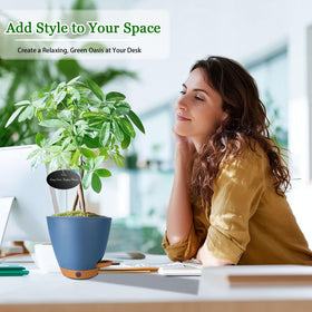Fielda self-watering planter in navy suits indoor or outdoor spaces.