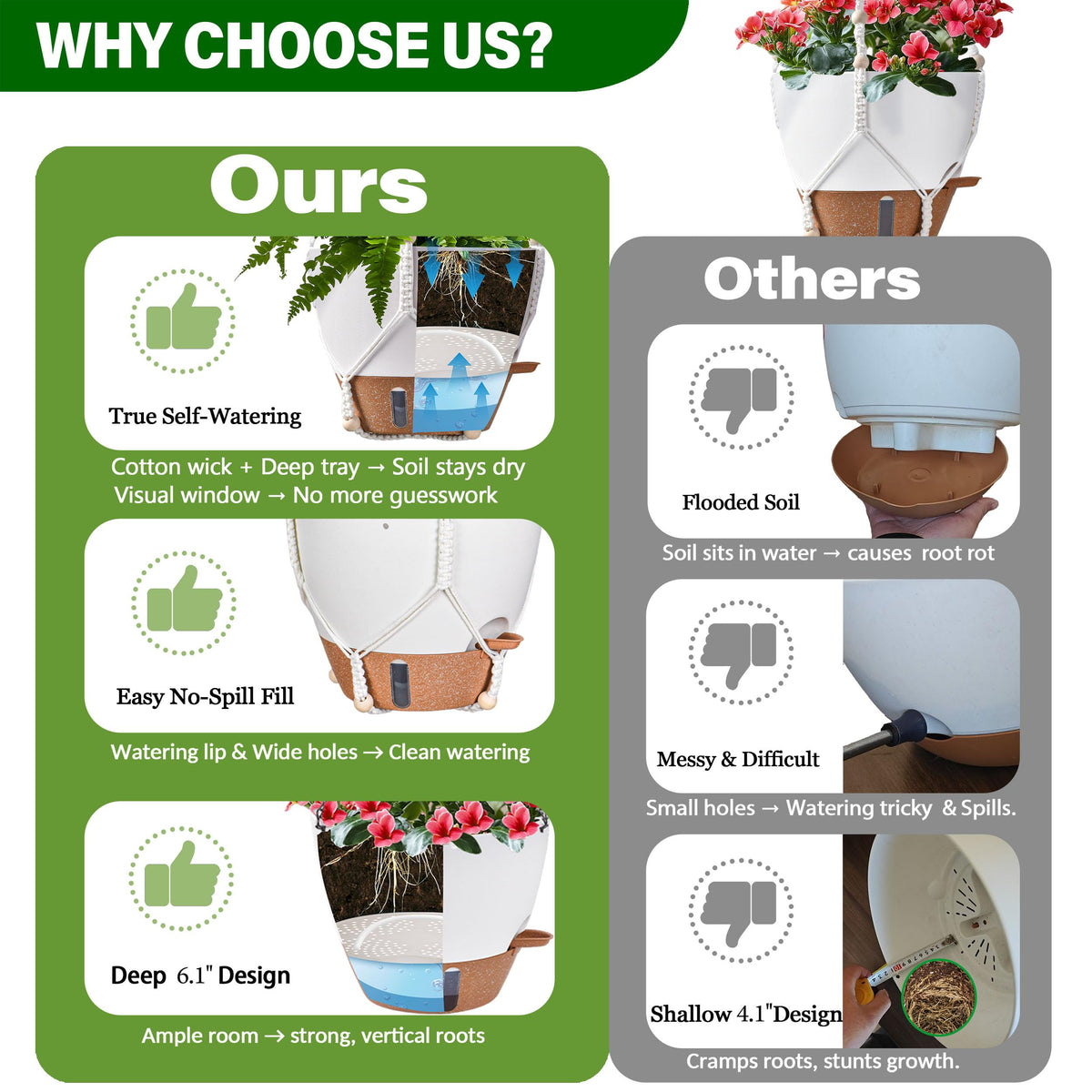 Fielda durable plastic hanging planters with 4mm walls resist fading and cracking.