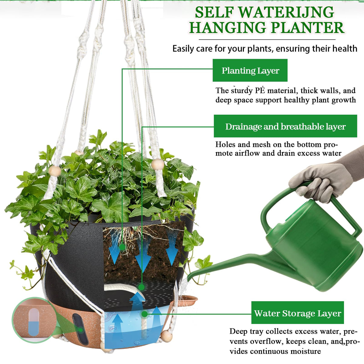 Fielda no-spill watering lip enables precise watering in hard-to-reach spots.