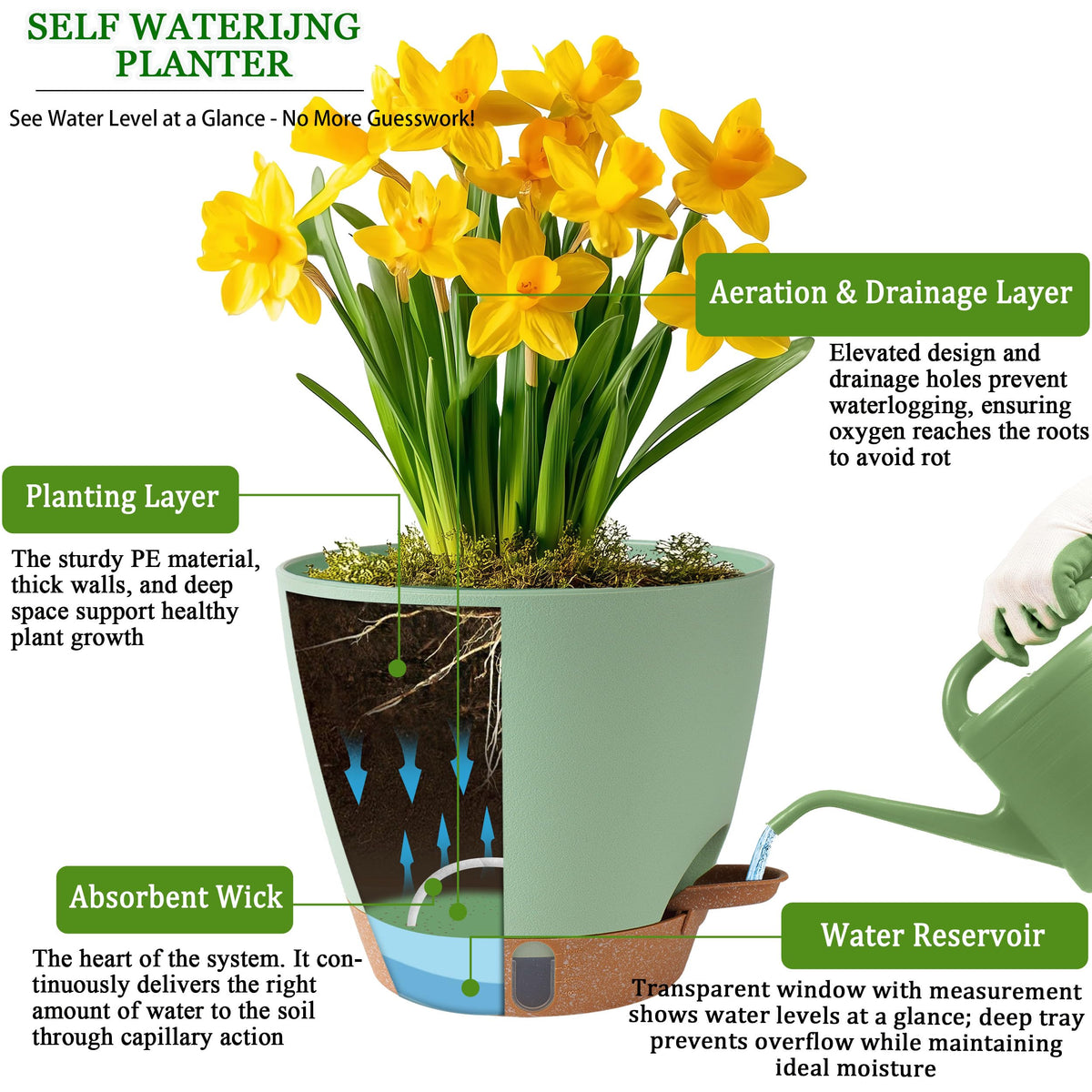 Fielda self-watering 6.5-inch pot maintains moisture when you’re away.