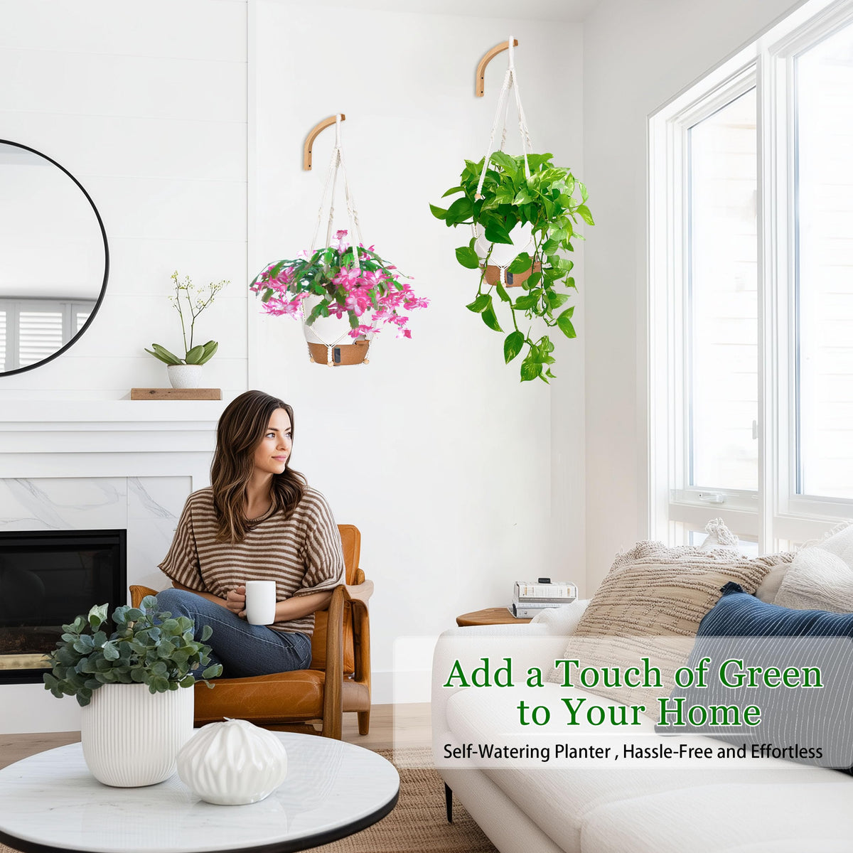 Fielda self-watering hanging basket reservoir tray keeps plants hydrated during vacations.