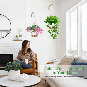 Fielda self-watering hanging basket reservoir tray keeps plants hydrated during vacations.