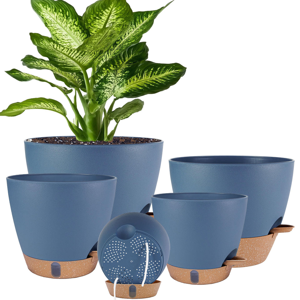 Fielda self-watering pot navy with water level window for precise moisture monitoring.