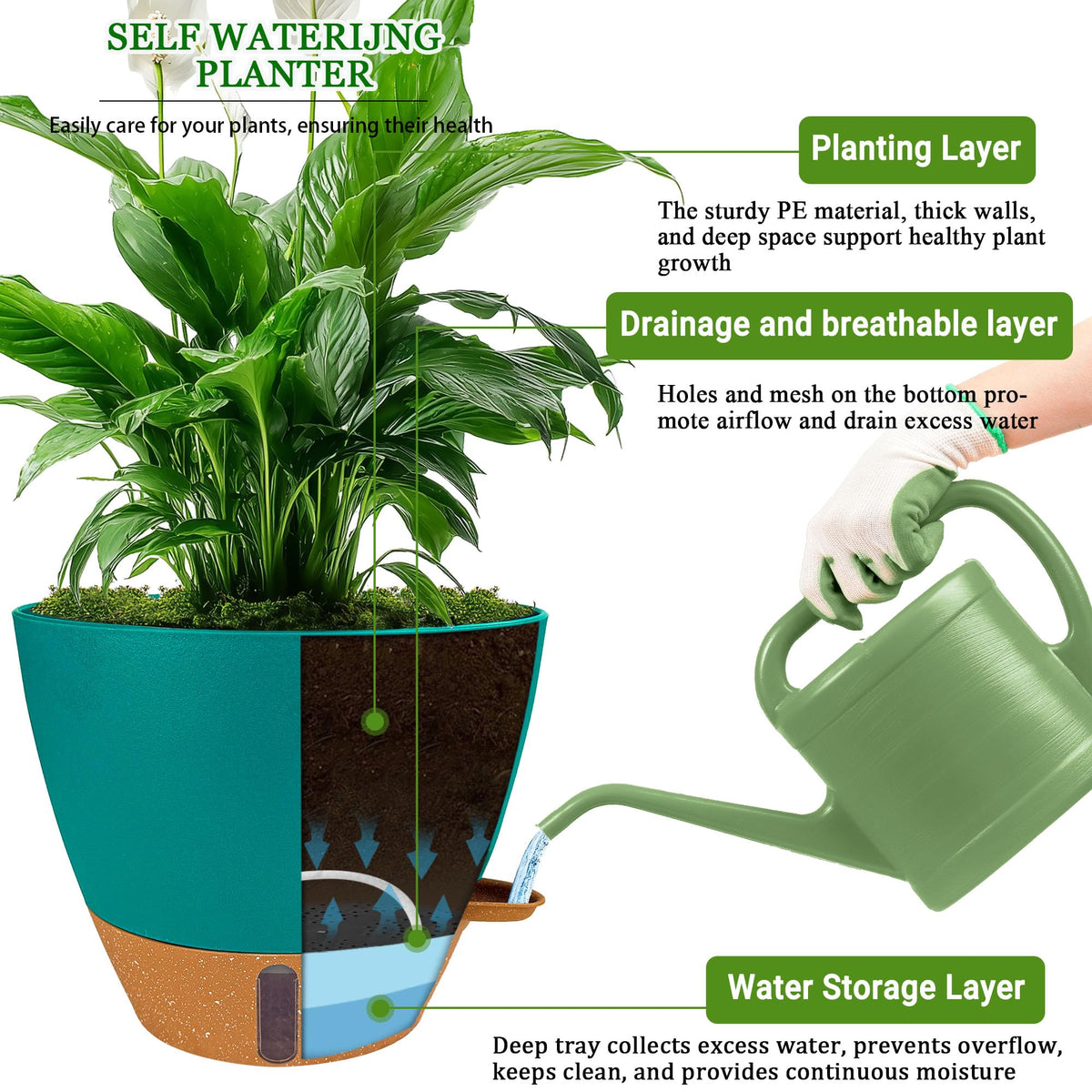 Fielda 12 inch self-watering pot with water level window for large plants