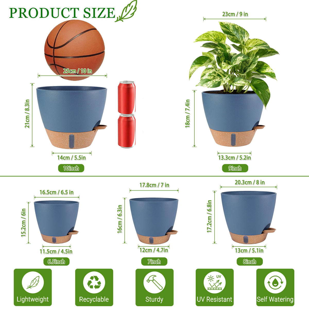 Fielda 10-inch navy pot demonstrates self-watering wicks for consistent hydration.
