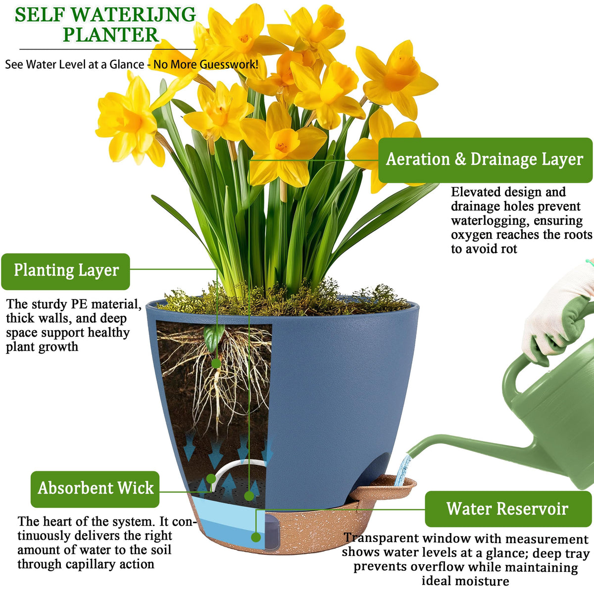 Fielda transparent water level indicator on navy pot aids moisture visibility.