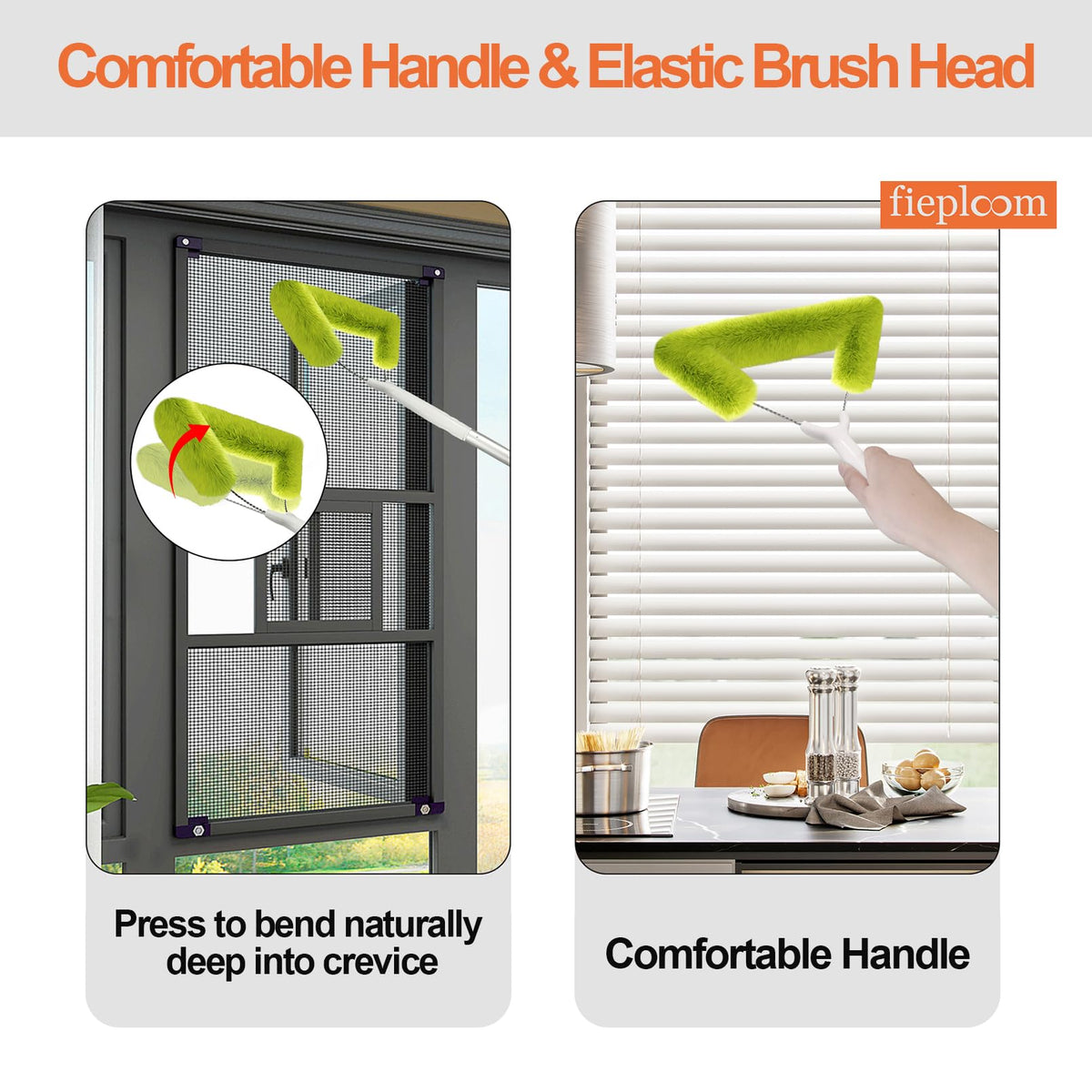 Fieploom fibre mesh cleaner head conforms to screen for thorough cleaning.