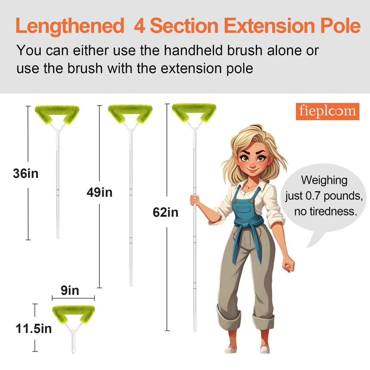 Fieploom triangular brush head 9 inches cleans both sides in one motion.