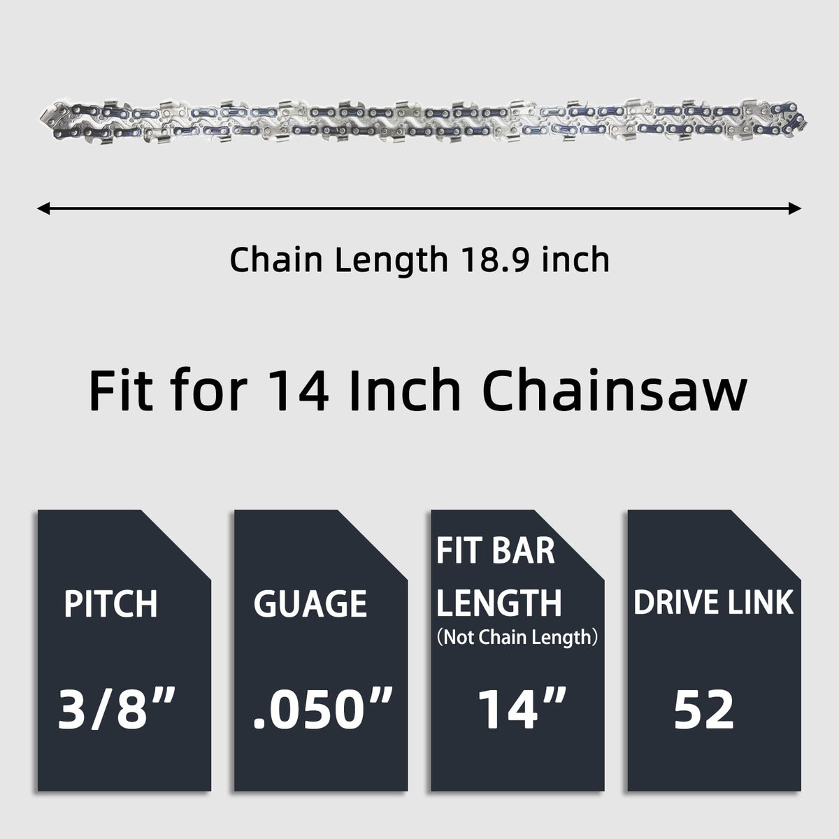 Fifchall 14-inch chainsaw chain closeup showing heat-treated rivets for durability