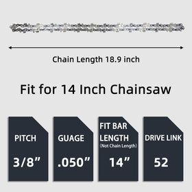 Fifchall 14-inch chainsaw chain closeup showing heat-treated rivets for durability