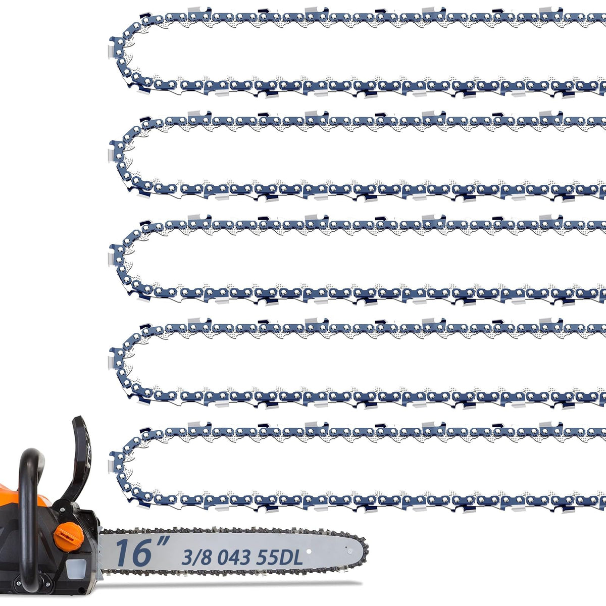 Fifchall 16-inch chain for Stihl in close-up showing 3/8 LP and .043 gauge for smooth cuts