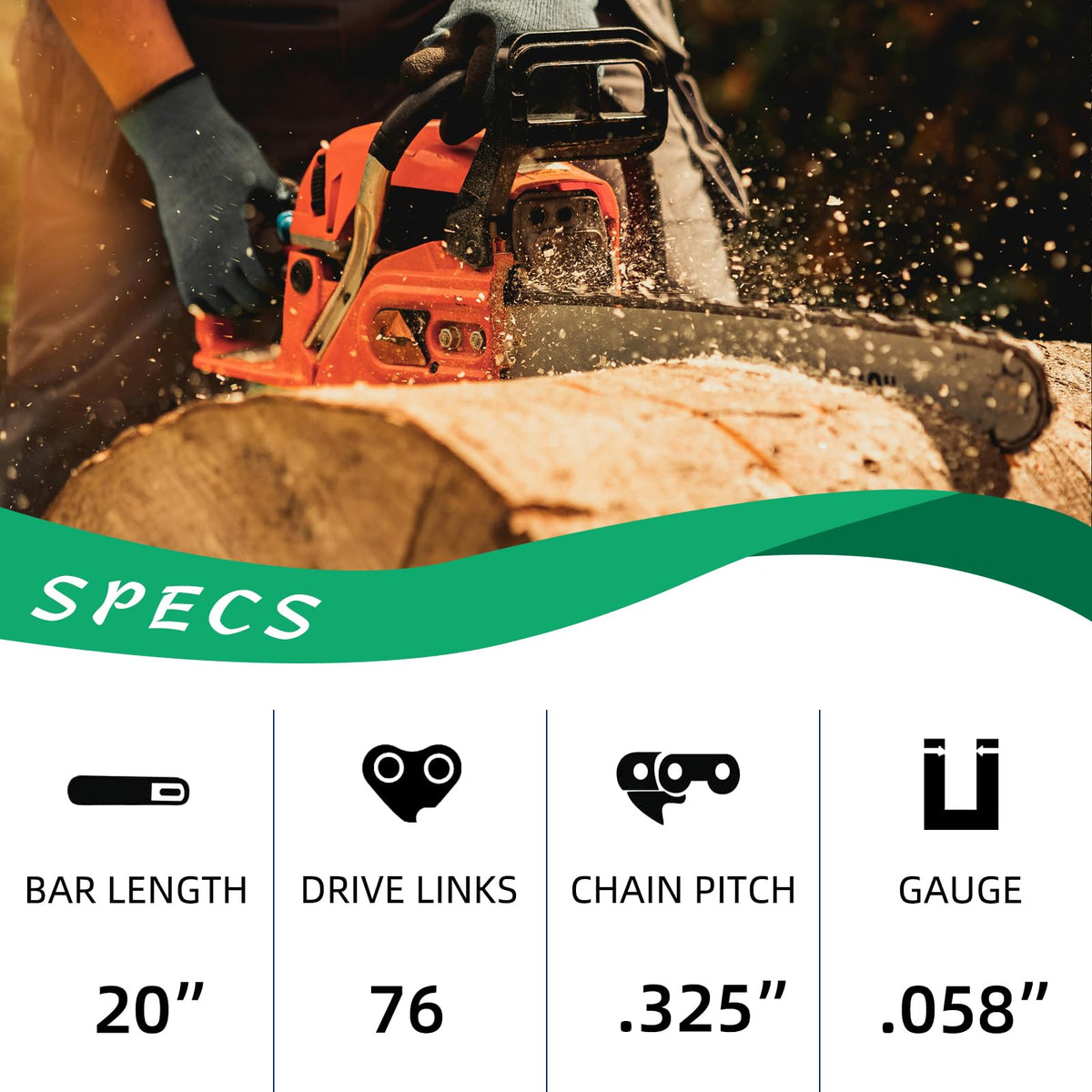 Close-up of 0.058 inch gauge and 76 drive links for durability.
