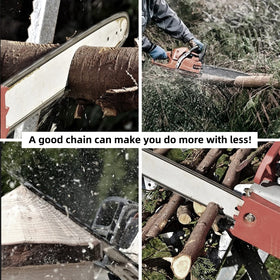 Installation guidance showing proper chain direction and bar alignment.