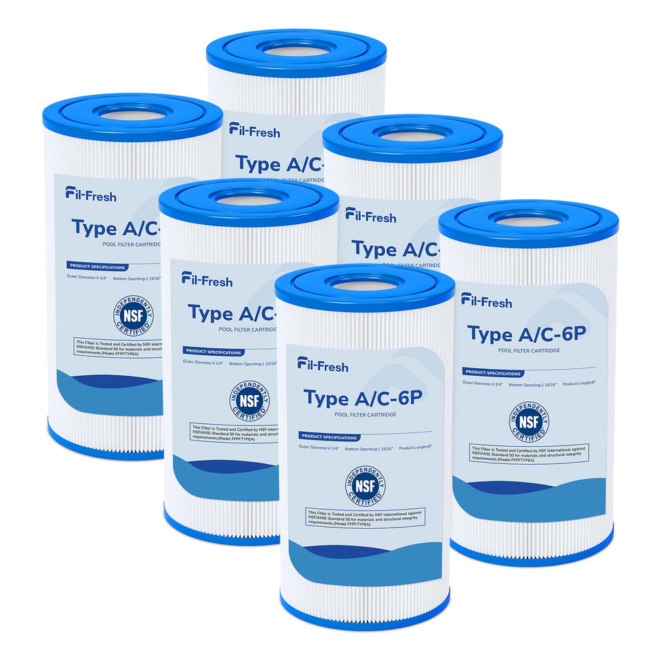 Fil-fresh Type A/C filter six-pack compatible with Intex Krystal Clear pumps improves filtration.