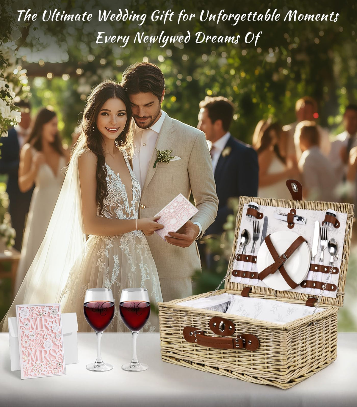 Filano Mr and Mrs wine glasses included for elegant toasts on the go.