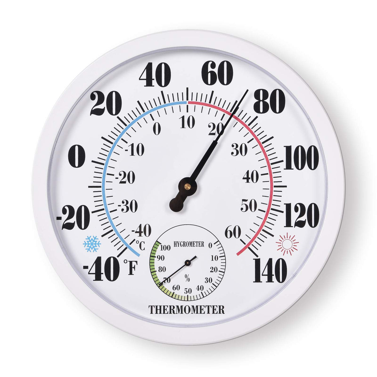 FILL AWAY indoor-outdoor thermometer dial closeup for quick, readable temperature values.
