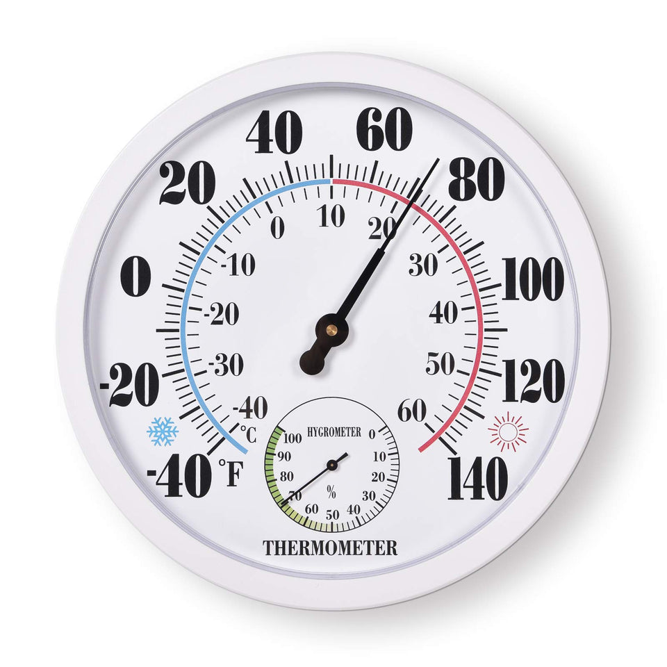 FILL AWAY indoor-outdoor thermometer dial closeup for quick, readable temperature values.