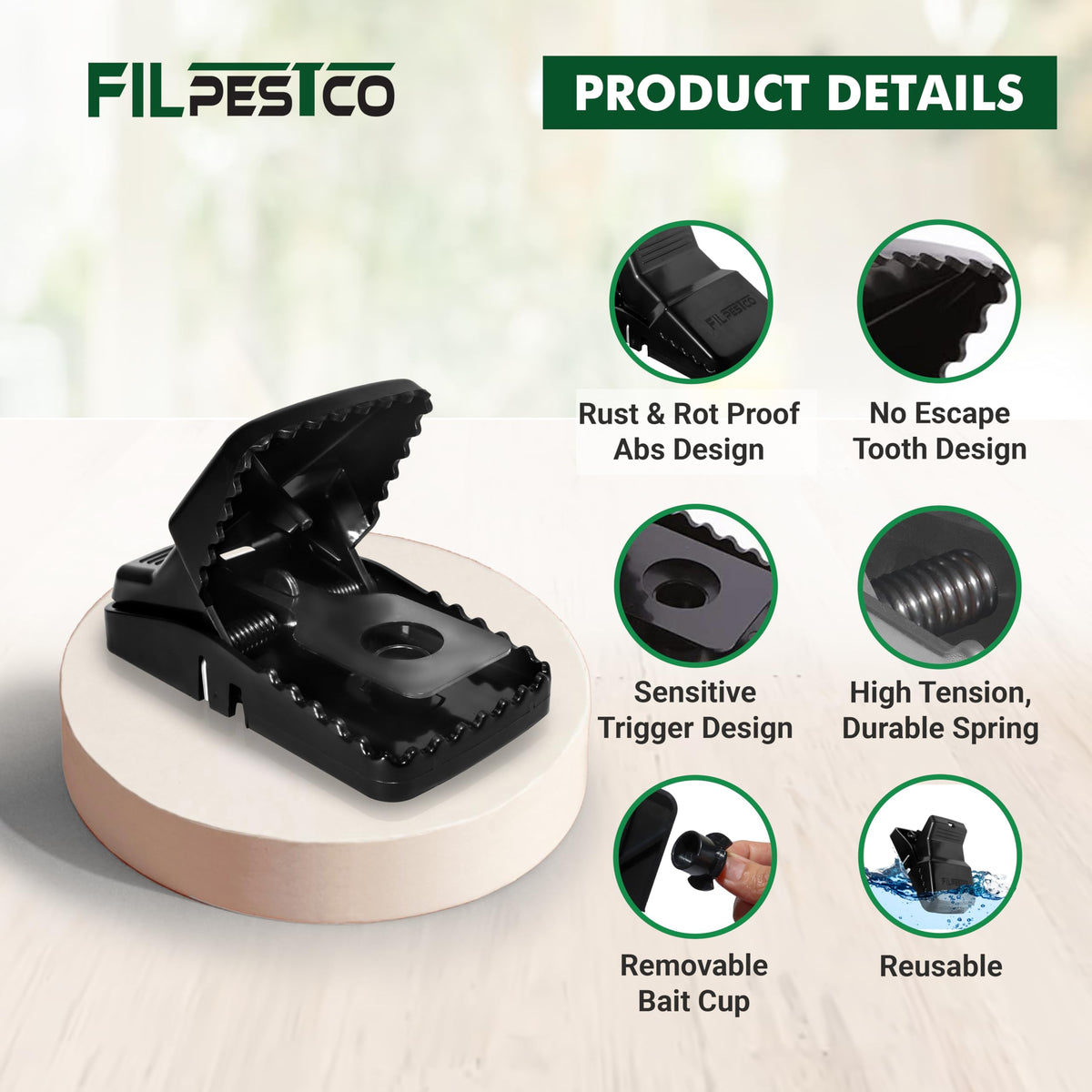 Filpestco rat trap trigger mechanism detail highlights sensitive trigger for faster catches.