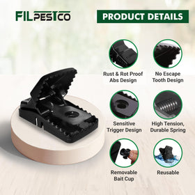 Filpestco rat trap trigger mechanism detail highlights sensitive trigger for faster catches.