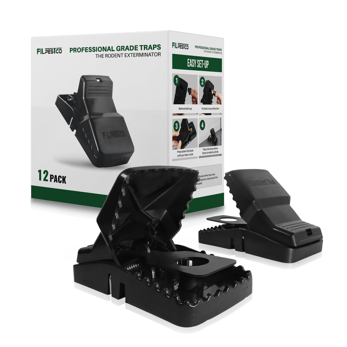 Filpestco set of 12 extralarge rat traps shown closed for secure pest control.