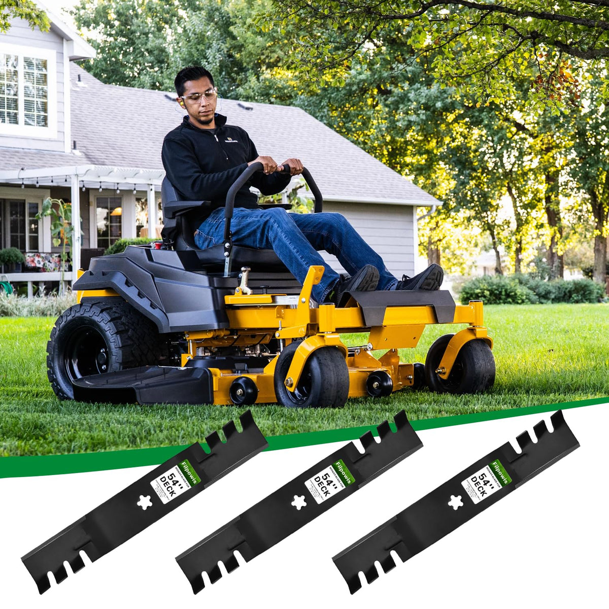 Filpowis 3 pack 54 inch mower blades featuring a balanced design for smoother operation.