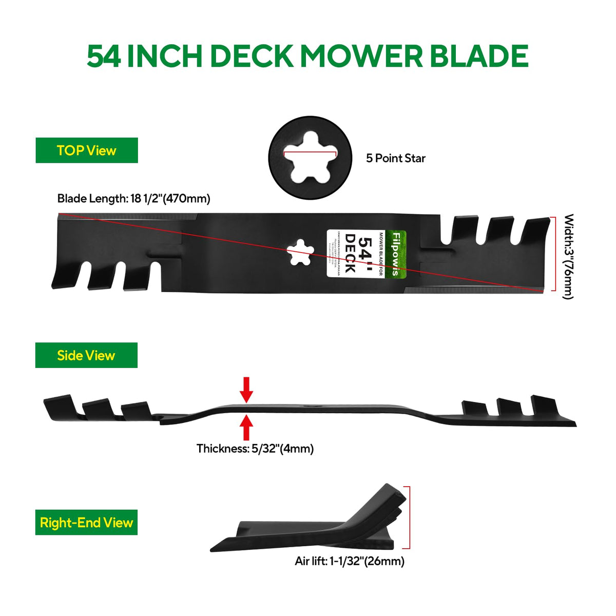 Filpowis 3 pack 54 inch mower blades aligned for Craftsman fit ensuring balanced performance.
