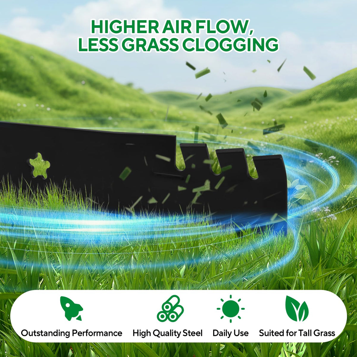 Filpowis 3 pack 54 inch mower blades shown as heavy duty steel for long lasting use.