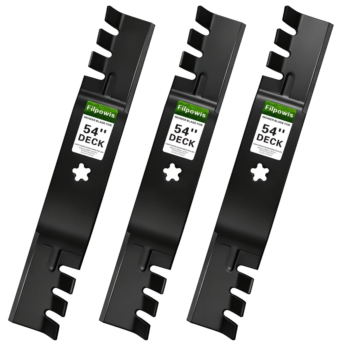 Filpowis 3 pack 54 inch mower blades for Husqvarna with heavy duty steel construction and durability.