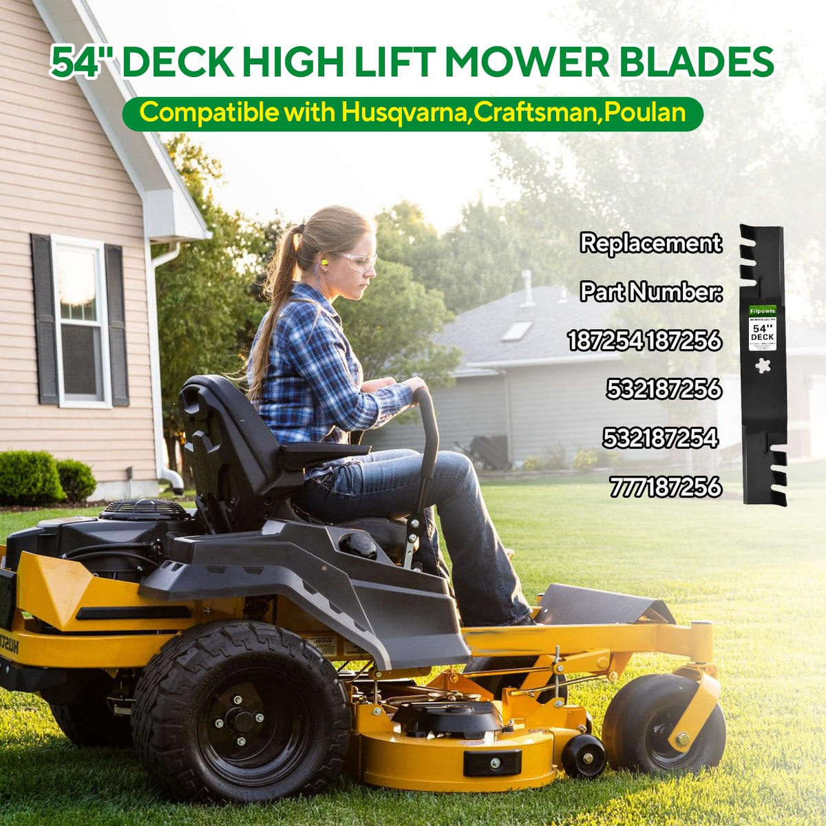 Filpowis 3 pack 54 inch mower blades suitable for Poulan decks with quick replacement potential.