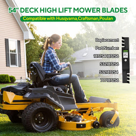 Filpowis 3 pack 54 inch mower blades suitable for Poulan decks with quick replacement potential.