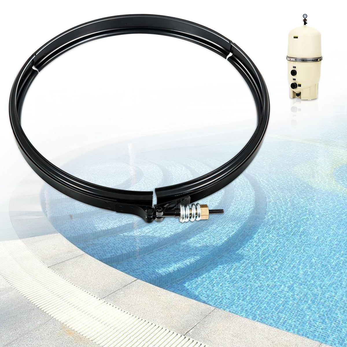 FilterUp Upgrade 190003 clamp kit close-up showing secure seal for pool filters