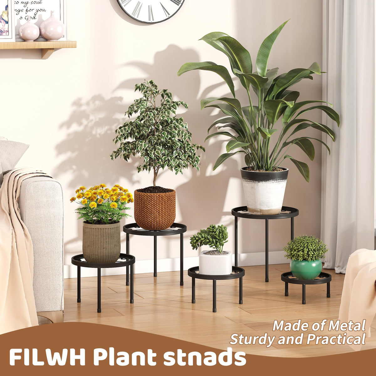 FILWH color options plant stand complements white, brown, or black interiors.