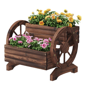 FILWH wooden wagon planter outdoors with wheels adds rustic curb appeal.