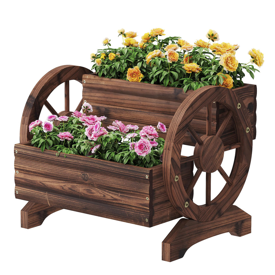 FILWH wooden wagon planter outdoors with wheels adds rustic curb appeal.