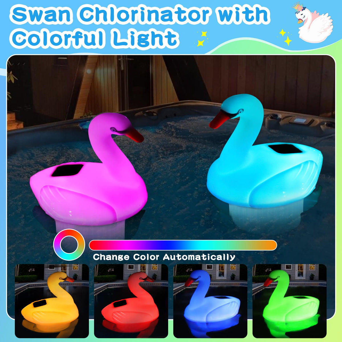 FineBud colorful light at night enhances pool ambience with safe chlorine distribution