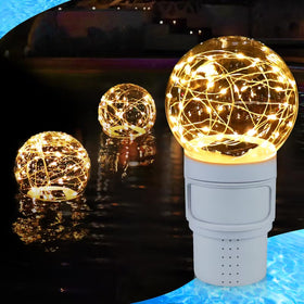 FineBud pool chlorine floater with solar ball lights dispenses 4x3-inch tablets for night-time care.